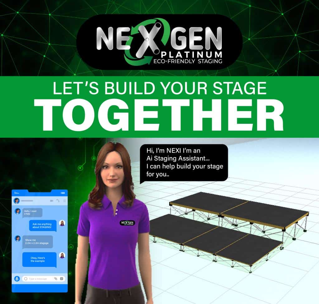 Nexi the Staging AI Assistant, that helps you build a stage quotation. Nexi is a NexGen Staging Limited invention.
