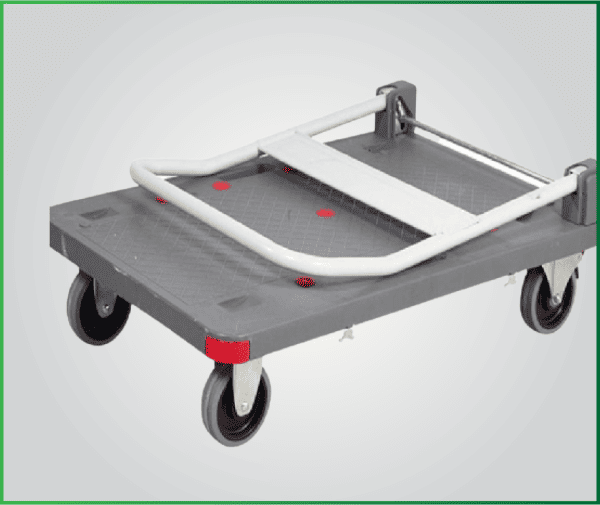 Folding trolley for staging platforms and riser legs.