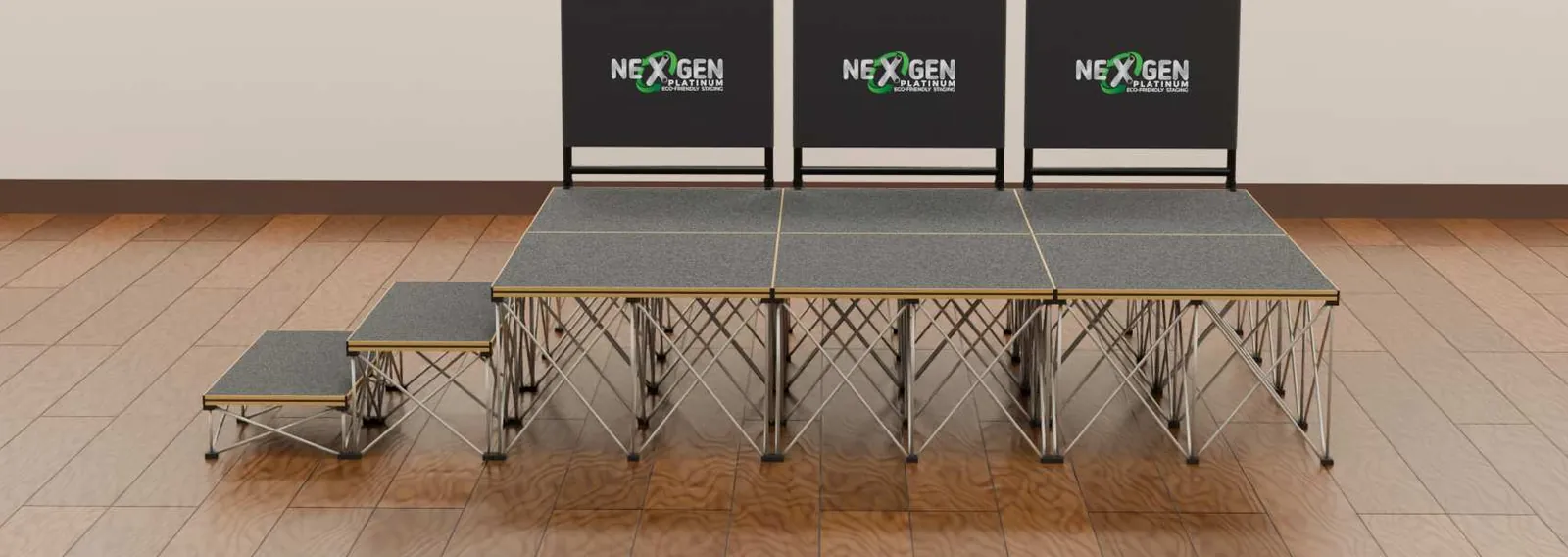 SteelCity 3x2m stage at 600mm high with 2 steps, grey carpet