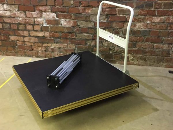 Stage platform and legs on a trolley