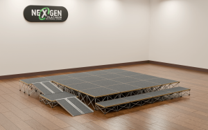 Staging access ramp - 2 ramps with a mid level podium, to reach a 430mm high stage platform