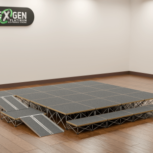 Staging access ramp - 2 ramps with a mid level podium, to reach a 430mm high stage platform