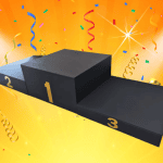 Winners Medal Awards Ceremony Podium Available in 1x1m podiums  This stage podium package offers a very quick setup awards podium to elevate your Gold, Silver & Bronze winners. Takes 60 seconds to assemble. Comes in Black Tough Finish or Carpet (for indoors or outdoors) and 200, 400, & 600 & high riser legs. No locks Three-step winner's podium with steps labeled 1 (center), 2 (left), and 3 (right) on a black platform, set against a bright orange confetti background.
