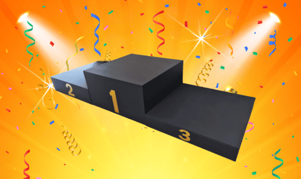 Winners Medal Awards Ceremony Podium Available in 1x1m podiums  This stage podium package offers a very quick setup awards podium to elevate your Gold, Silver & Bronze winners. Takes 60 seconds to assemble. Comes in Black Tough Finish or Carpet (for indoors or outdoors) and 200, 400, & 600 & high riser legs. No locks Three-step winner's podium with steps labeled 1 (center), 2 (left), and 3 (right) on a black platform, set against a bright orange confetti background.