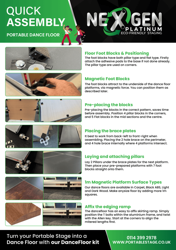NexGen Dance Floor Deck - 1x1m Platform TOTALLY MAGNETIC - NO LOCKS TO REPLACE... EVER! High Performance – The new high performance NexGen Platinum ECO friendly - Magnetic Dancefloor Deck is a lock-free dance deck that is specially designed for fast reliable assembly, with proven performance and speed when using NexGen Connection Kit. Its efficient Dancefloor assembly guide - NexGen Portable Dancefloor