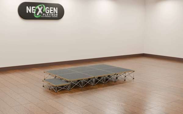 3mx2m_300high+200mmstep_side - NexGen Portable Staging & Dancefloors NexGen SteelCity Modules - (3×2m Stage Package) Choose Any Surface and any height combo. A medium‑sized, professional staging solution with magnetic simplicity and Sheffield‑engineered strength. Fast magnetic assembly: Six super‑fast magnetic connection deck panel modules — no locks, no tools, no fuss. Package contents: (6) 1×1m SteelCity deck platforms with risers at your choice of