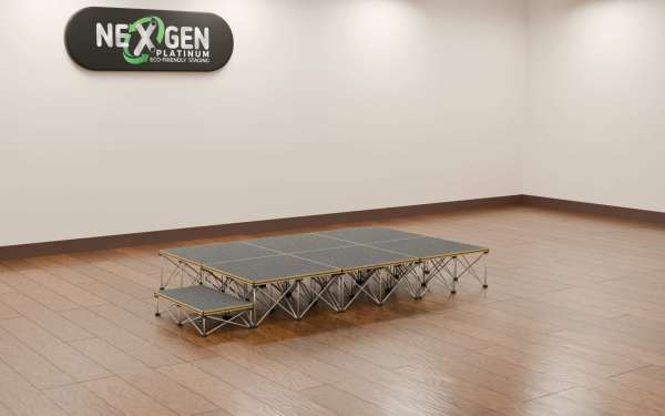 3mx2m_400high+200mmstep_side - NexGen Portable Staging & Dancefloors NexGen SteelCity Modules - (3×2m Stage Package) Choose Any Surface and any height combo. A medium‑sized, professional staging solution with magnetic simplicity and Sheffield‑engineered strength. Fast magnetic assembly: Six super‑fast magnetic connection deck panel modules — no locks, no tools, no fuss. Package contents: (6) 1×1m SteelCity deck platforms with risers at your choice of 3m x 2m Staging Package