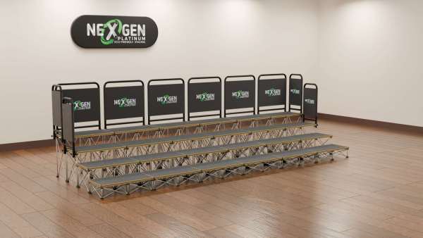 6mwide_1x052m_tier200400600800+handrail_side - NexGen Portable Staging & Dancefloors Includes 2 G-Clamps, and Black plain sleeve in Kit (rail 890mm wide) - for 1000mm decks (to have a bespoke print on the sleeve, please contact admin@portablestage.co.uk)