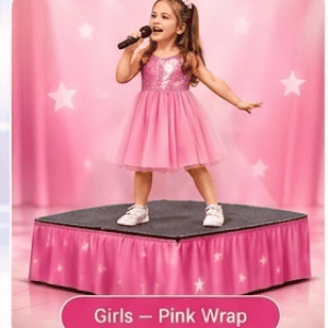 MiniStar Stage™ A Childhood Experience Product! Give them their first stage! Where MiniStars Shine. A stage they can perform on. This Mini Stage is setup in seconds. Young girl in a pink dress sings on a small pink stage with a starry backdrop; caption reads 'Girls – Pink Wrap'.