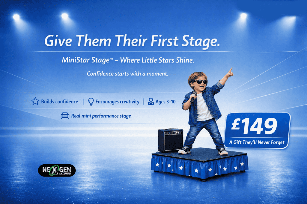 Portable Staging, handcrafted in Sheffield NexGen Portable Staging. Experience lightspeed modular stage assembly. Fast, Eco-Friendly, UK-Made Magnetic Portable Stage Introducing the PLATINUM range NexGen Portable Staging. Experience lightspeed portable stage assembly. Fast ECO-Friendly, Magnetic Portable Stage Premium Eco-Friendly Magnetic Portable Staging Systems PLATINUM RANGE A TOTALLY MAGNETIC environmentally friendly staging deck platform Recycled core material, Portable Staging, handcrafted in Sheffield NexGen Portable Staging. Experience lightspeed modular stage assembly. Fast, Eco-Friendly, UK-Made Magnetic Portable Stage Introducing the PLATINUM range NexGen Portable Staging. Experience lightspeed portable stage assembly. Fast ECO-Friendly, Magnetic Portable Stage Premium Eco-Friendly Magnetic Portable Staging Systems PLATINUM RANGE A TOTALLY MAGNETIC environmentally friendly staging deck platform Recycled core material, Child on a blue mini stage with a microphone, pointing upward, in front of a promotional banner reading 'Give Them Their First Stage' and '£149'.